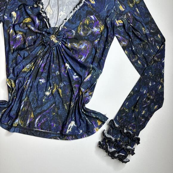 Y2k Roberto Cavalli Ruffle Heart Print Top S Italy Romantic Glam Designer Rare - Picture 6 of 14